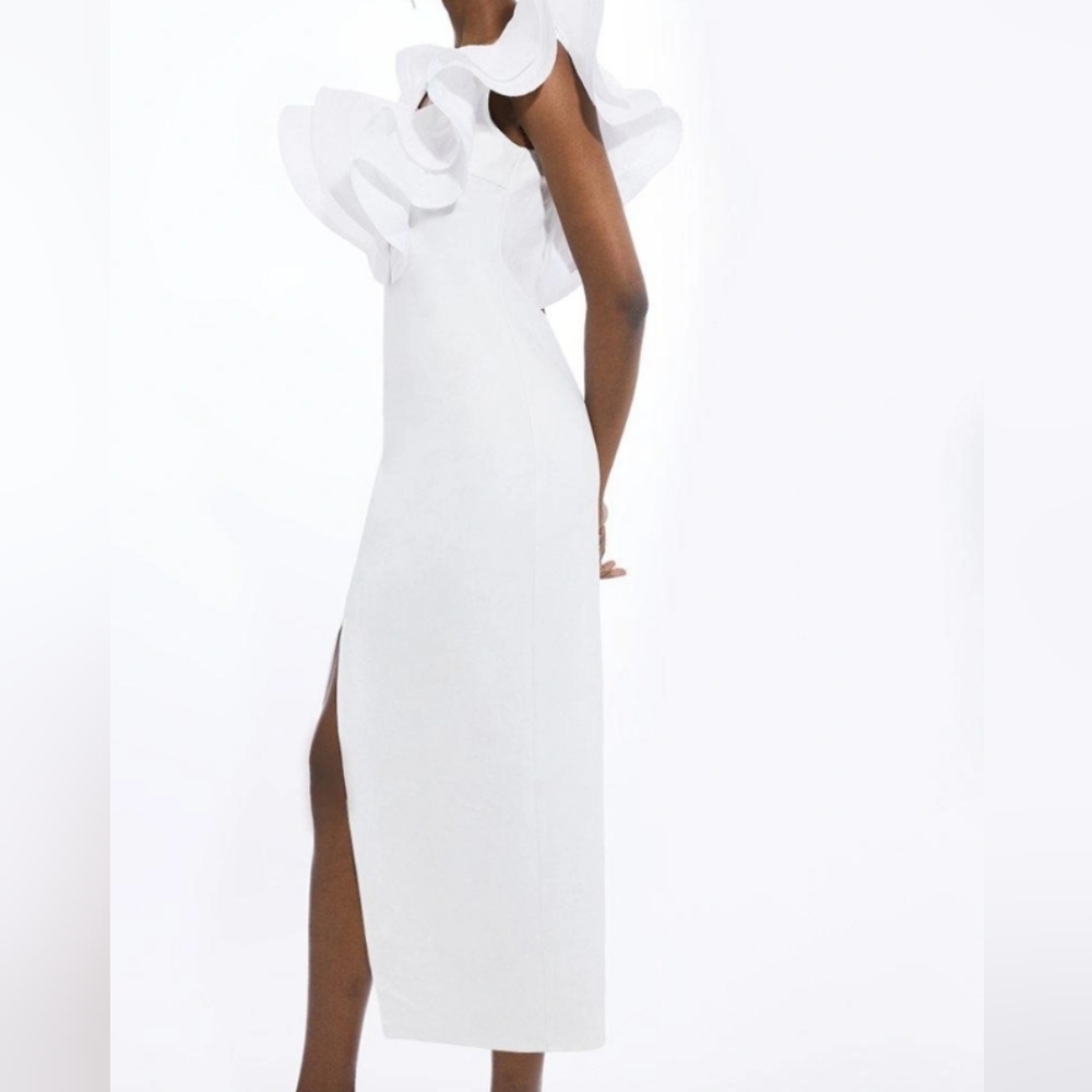 Karen Millen White Ruffle Midi Dress - Size XS